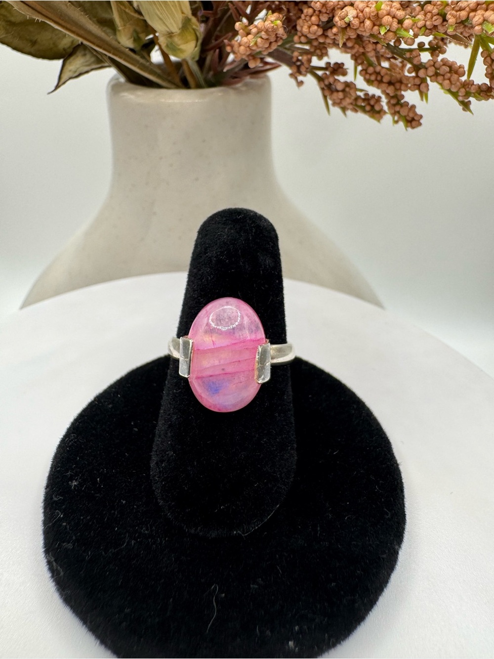 Vintage Sterling Silver Oval Pink Moonstone Ring (Size 6)